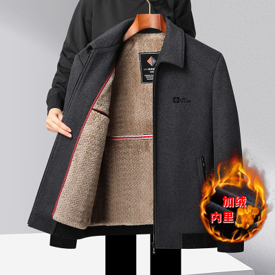 秋冬新款加绒加厚翻领中老年羊毛夹克男士毛呢茄克保暖爸爸装外套