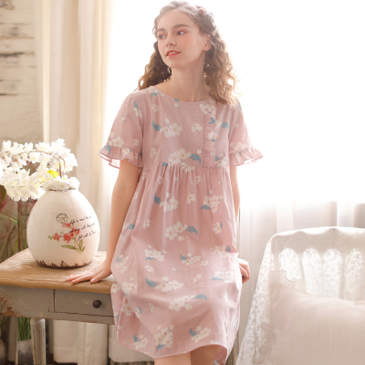 SUNTEK2020夏天新款日系睡裙女短袖薄款甜美碎花宽松棉半袖家居服裙子