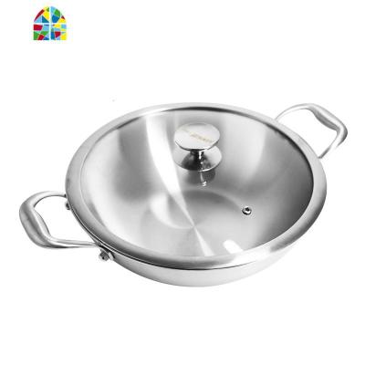 316不锈钢双耳小炒锅无涂层无柳钉燃气电磁炉适用不粘锅火锅34cm FENGHOU 双耳锅(34cm)盖加蒸屉