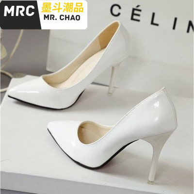 欧洲站裸色细跟高跟鞋尖头黑色工作单鞋女漆皮蓝色大码鞋红色婚鞋墨斗潮品休闲鞋