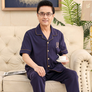 新款睡衣男夏季短袖长裤开衫翻领家居服中老年爸爸可外穿宽松套装