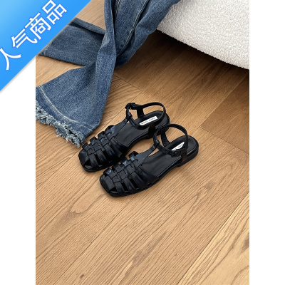 SUNTEK学生包头罗马凉鞋女粗跟2023年春新款夏软底百搭低跟编织猪笼女鞋