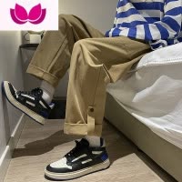 七斓黑色休闲裤男款春季潮流ins痞帅直筒裤潮牌宽松搭扣卷边九分裤子
