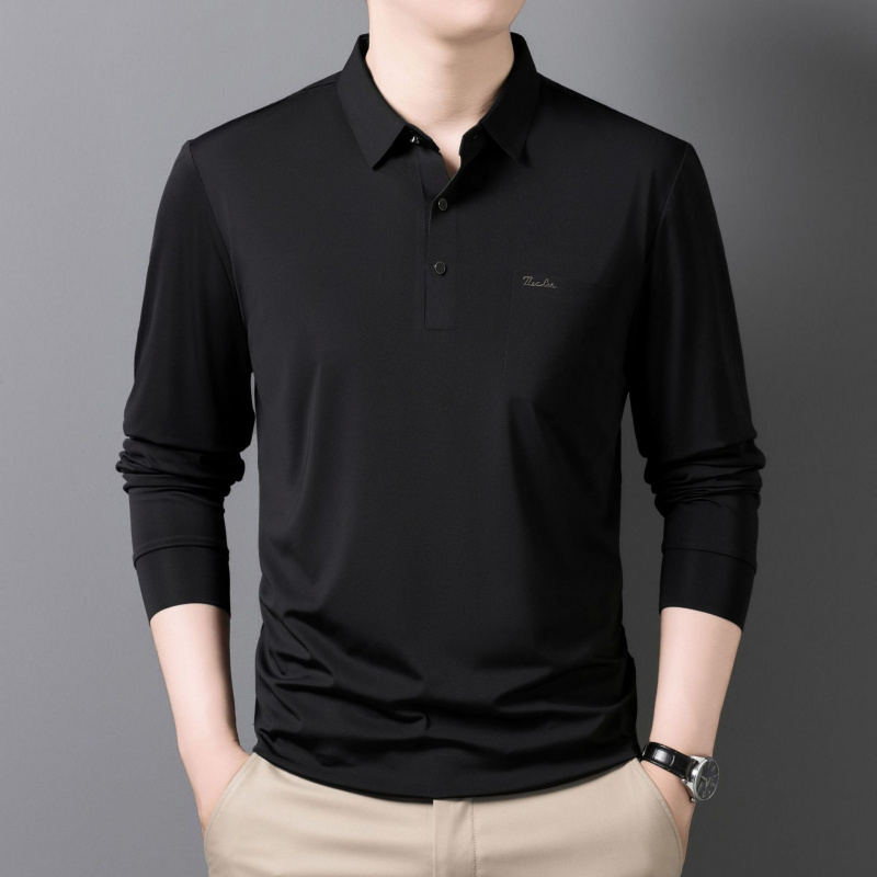 长袖T恤男士中老年爸爸装秋季新款真口袋翻领透气休闲Polo衫男