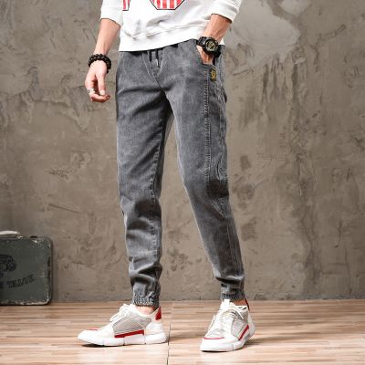 弹力牛仔裤男松紧腰束脚裤秋冬韩版宽松哈伦牛仔裤男工装裤小脚裤臻依缘