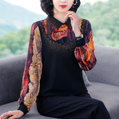 暖青汇大码雪纺衫女长袖假两件衬衫春季宽松中年遮肚子碎花妈妈上衣洋气