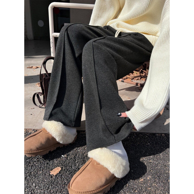 灰色窄版阔腿裤女秋冬季人字纹毛呢香蕉卫裤直筒宽松羊毛加绒裤子