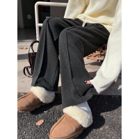 灰色窄版阔腿裤女秋冬季人字纹毛呢香蕉卫裤直筒宽松羊毛加绒裤子