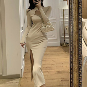 御姐范气质欧美风性感长袖裙子镂空开叉修身显瘦打底连衣裙长裙潮