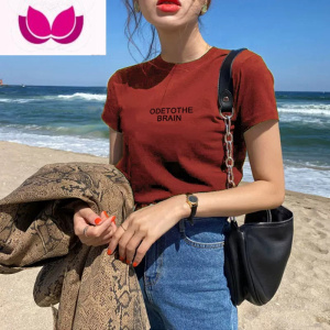 七斓正肩红色短袖t恤女2023新款欧货打底衫内搭美式复古修身上衣