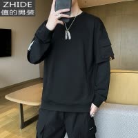 SUNTEK春季男士假两件工装卫衣男无帽潮流圆领外套网红百搭修身春装上衣卫衣
