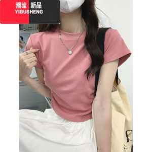 YIBUSHENG正肩t恤女短袖季修身显瘦又甜又辣纯欲不规则褶皱短款小衫上衣