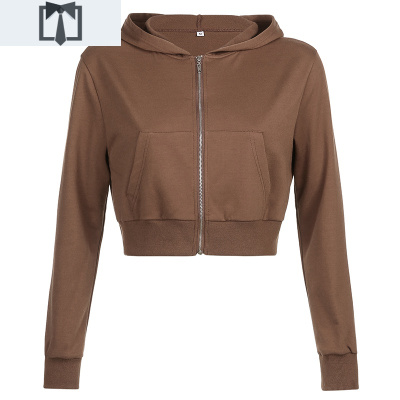 SUNTEKROCKMORE欧美复古纯色百搭连帽短款卫衣女宽松休闲显瘦拉链小开衫卫衣