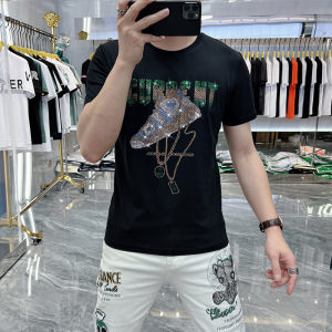 2024新款夏季冰丝短袖t恤男潮流修身半袖潮牌体恤鞋子烫钻丝光棉