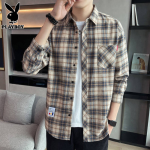 花花公子格子长袖衬衫男士衬衣2025年春季新款宽松百搭寸衫外套男
