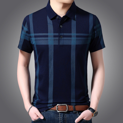 梵克公牛夏季男装T恤男短袖中年翻领格子polo衫双丝光商务上衣常规POLO衫上青48