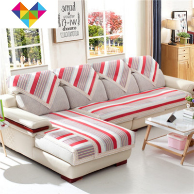 四季加厚老粗布沙发垫沙发布坐垫防滑组合盖布棉麻沙发巾通用大红细条90*300cm御蓝锦