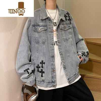 YANXU高街牛仔外套男美式ins潮牌刺绣情侣上衣宽松痞帅工装夹克