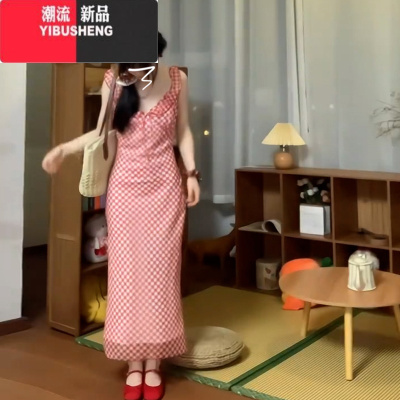 YIBUSHENG甜美法式红色格子吊带连衣裙子女季2024新款复古度假风鱼尾长裙