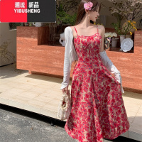 YIBUSHENG大码女装法式蓝色碎花吊带连衣裙季微胖mm收腰显瘦垂感A字长裙