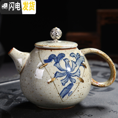 三维工匠复古茶壶随机陶瓷家用功夫茶具泡茶单壶手柄侧把壶粗陶日式提梁壶 浅灰色古陶倒把壶24