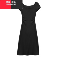 YIBUSHENG小个子法式方领短袖连衣裙女季2024新款收腰A字显瘦中长款裙子