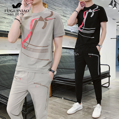 富贵鸟（FUGUINIAO）运动休闲套装男韩版潮流夏季新款修身一套短袖t恤搭配帅气一套