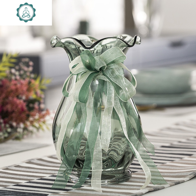 法式丝带创意玻璃花瓶 透明北欧客厅百合插花花瓶电视柜装饰摆件 封后