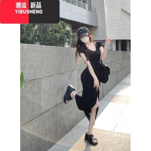 YIBUSHENG性感御姐风紧身短袖连衣裙女装季纯欲气质显瘦包臀裙开叉长裙子