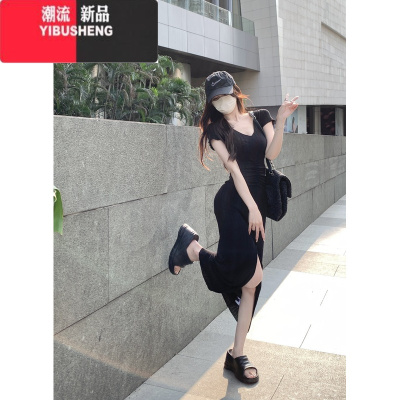 YIBUSHENG性感御姐风紧身短袖连衣裙女装季纯欲气质显瘦包臀裙开叉长裙子