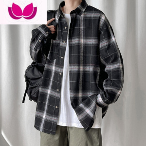 七斓格子长袖衬衫男士2023新款ins潮流夏季薄款休闲外套港风宽松衬衣