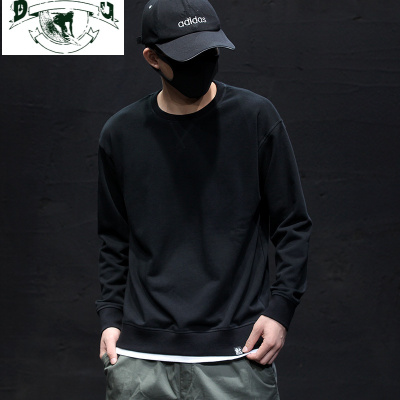 HLCOMAN春季假两件卫衣男潮牌圆领长袖T恤男士宽松加绒加厚加肥加大码潮卫衣