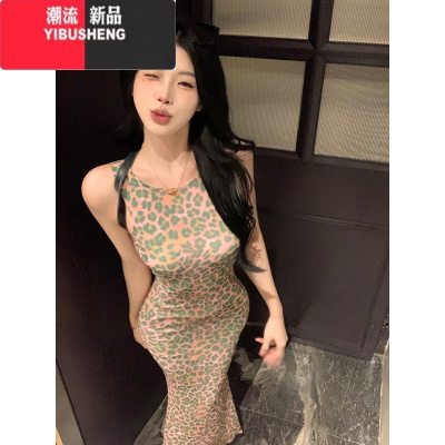 YIBUSHENG复古豹纹无袖背心连衣裙女装季辣妹紧身包臀裙显身材收腰长裙子