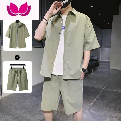 七斓男夏季新款短袖衬衫ins痞帅时尚休闲套装冰丝外套上衣搭配工装裤