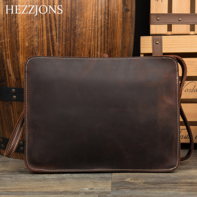 赫泽琼斯HEZZJONS进口意大利牛皮手包男疯马皮手提公文包手工纯牛皮复古真皮单肩斜挎包深棕色