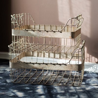 美帮汇复古做旧铁艺收纳筐篮 欧式法式花园橱窗道具软装饰拍摄道具 特惠两件套