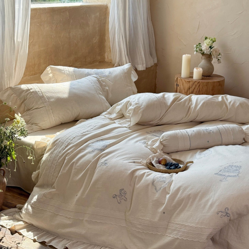 文艺宫廷风棉麻四件套吸湿不闷汗四季通用花边被套送闺蜜生日礼