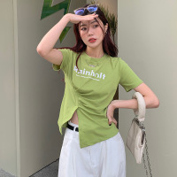 美式辣妹开叉短袖T恤女夏季含棉正肩打底衫女士性感短款上衣女装