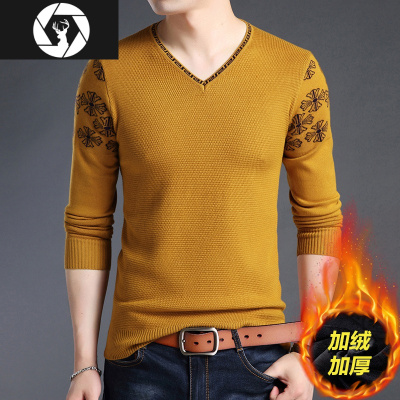 HongZun秋冬季男士毛衣V领潮流加绒加厚款青年保暖上衣内搭针织打底衫土毛衣