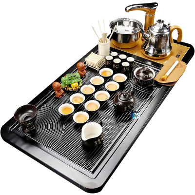 艺锦蓝国产中国风整套功夫茶具套装家用全自动实木茶盘茶台紫砂陶瓷茶具茶道泡茶喝茶礼品送礼款式11：黑明镜方圆唐诗茶具