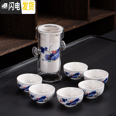三维工匠耐热玻璃红茶泡茶器家用过虑双耳杯花茶壶冲茶器大号功夫茶具套装 陶瓷内胆《和为贵》玻璃双耳壶+6杯