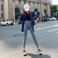 迪鲁奥(DILUAO)新款女装高腰泫雅小个子九分涂层牛仔布裤女2019年秋季新款显瘦显高修身常规裤