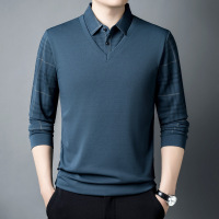假两件男士长袖Polo衫春秋季新款时尚休闲时尚带鸡心领T恤男上衣