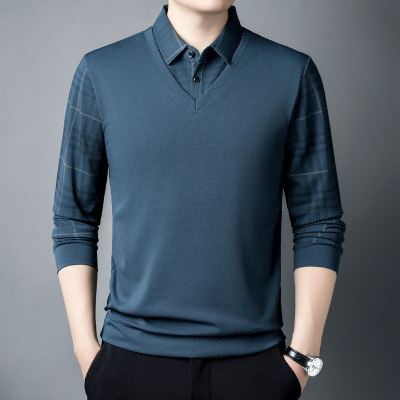 假两件男士长袖Polo衫春秋季新款时尚休闲时尚带鸡心领T恤男上衣