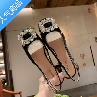 SUNTEK水钻方扣玛丽珍凉鞋女夏2023新款低跟包头一字带后空浅口单鞋粗跟