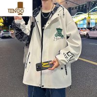 YANXU小熊夹克男款港风宽松连帽工装外套青少年潮流个性印花上衣