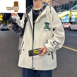 YANXU小熊夹克男款港风宽松连帽工装外套青少年潮流个性印花上衣