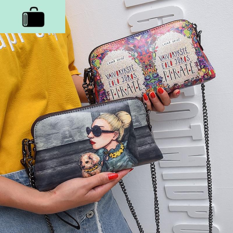 可爱链条包女包彩绘印花卡通涂鸦单肩包斜挎小包手拿抓包手机包NEW LAKE女士单肩包