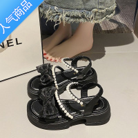 SUNTEK温柔网纱蝴蝶结珍珠露趾凉鞋女2023夏季新款仙女风百搭粗跟罗马鞋