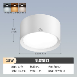 雷士照明LED筒灯明装免开孔天花灯圆形高显防眩客厅过道灯服装店走廊吸顶灯